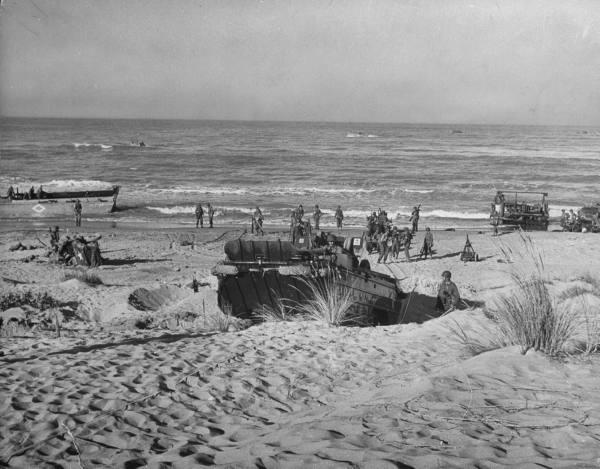 WWII amphibious landing scene during Operation Husky 1943